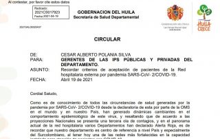 Circular Secretaría de Salud Departamental
